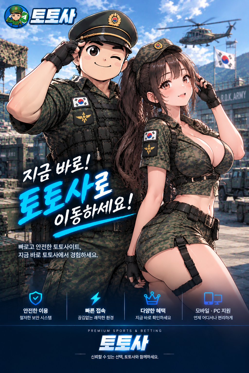 토토사 군인 캐릭터와 웹사이트 홍보 배너